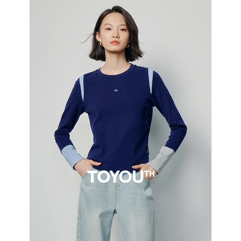 Toyouth Women Tees 2024 Autumn Long Sleeve O Neck Elastic Comfortable T-shirt Creative Color Contrast Fashion Soft Tops