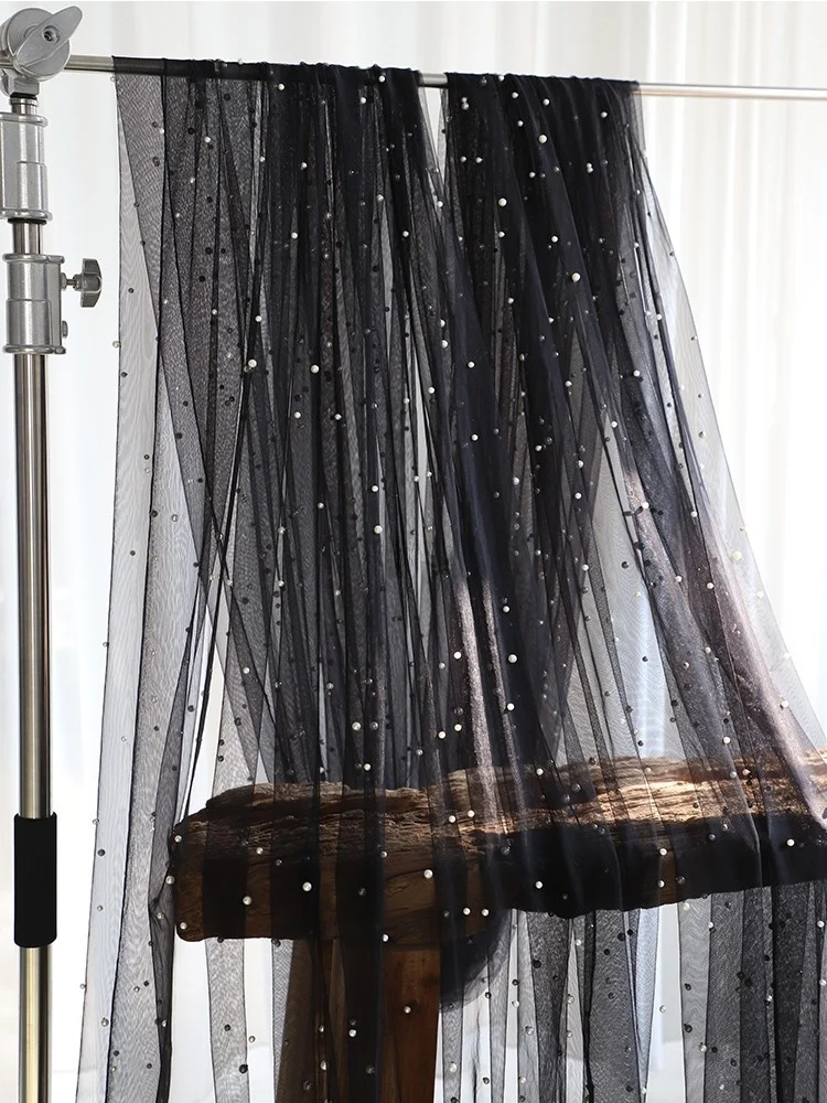 قماش تول اللؤلؤ الأسود لتنورة فستان الزفاف، شبكة لؤلؤية بيضاء وشامبانيا، مادة ستائر مطرزة يدويًا للديكور المنزلي