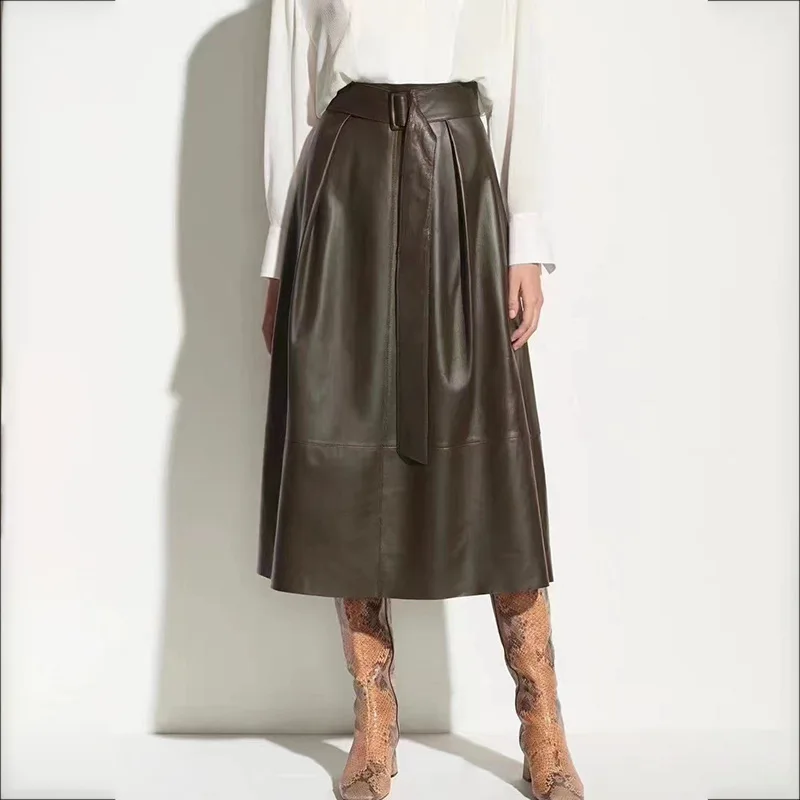 Genuine Leather Half Length Skirt for Women Simple Waistband Tied with Sheepskin Umbrella Skirt