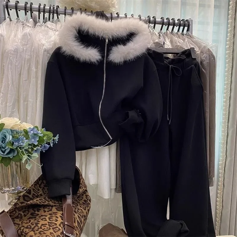 Dames nieuw gestikte bontkraag capuchon rits jas wijde pijpen broek modieus effen kleur veelzijdig casual tweedelig pak