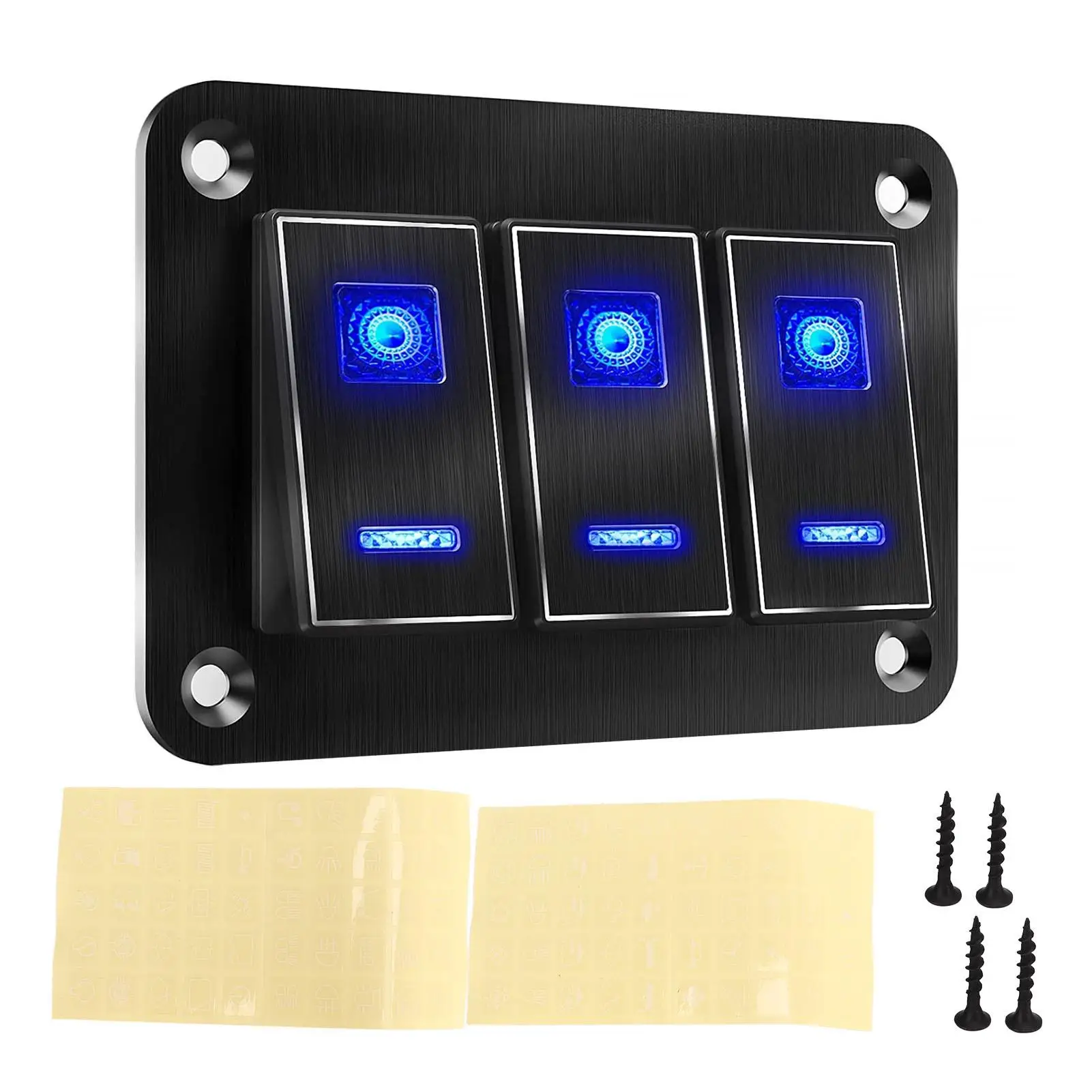 5PIN 3 Gang RV Toggle Switch Panel with Blue LED Light - Waterproof Oxidized Black for UTVs