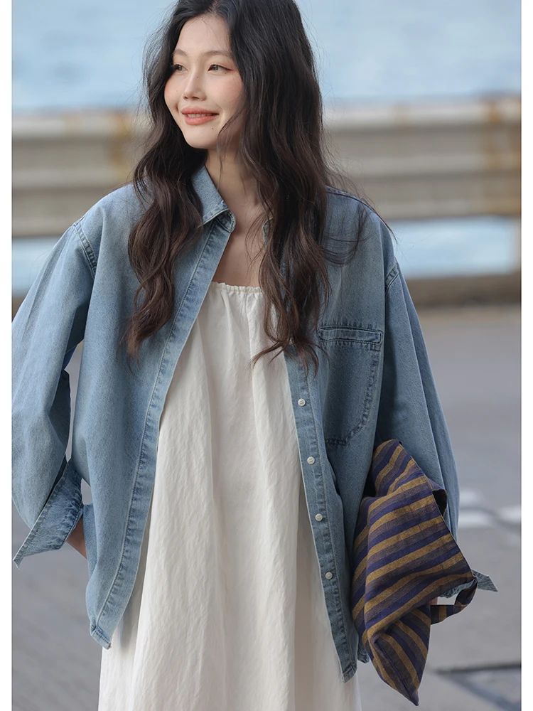 

Korean Sle Casual Denim irt Jaet Women's Spring New Design Retro Hong Kong Sle Top Warm Long Sve Square Collar