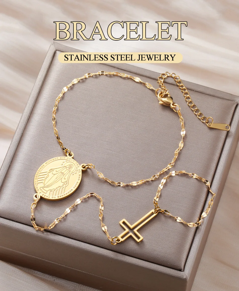 Dawapara Jungfrau Maria Handkette Kreuz Armband Religiöser christlicher Schmuck Weihnachtsgeschenk Edelstahl – Detail 1