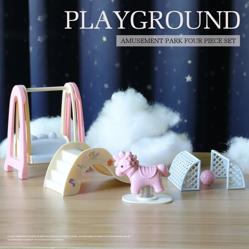 Cute Amusement Park Series Toy Model Set Miniature Ornaments Simulation Slide Wooden Horse Soccer Field Swing Play House Toys