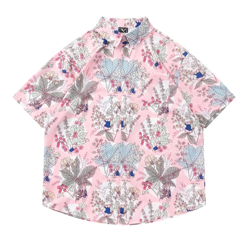 Chic Floral Cute Rabbit Full Printed Shirts Retro Fashion Short Sleeve Blouse Harajuku Couples Kawaii Camisas Summer Y2K Cartoon