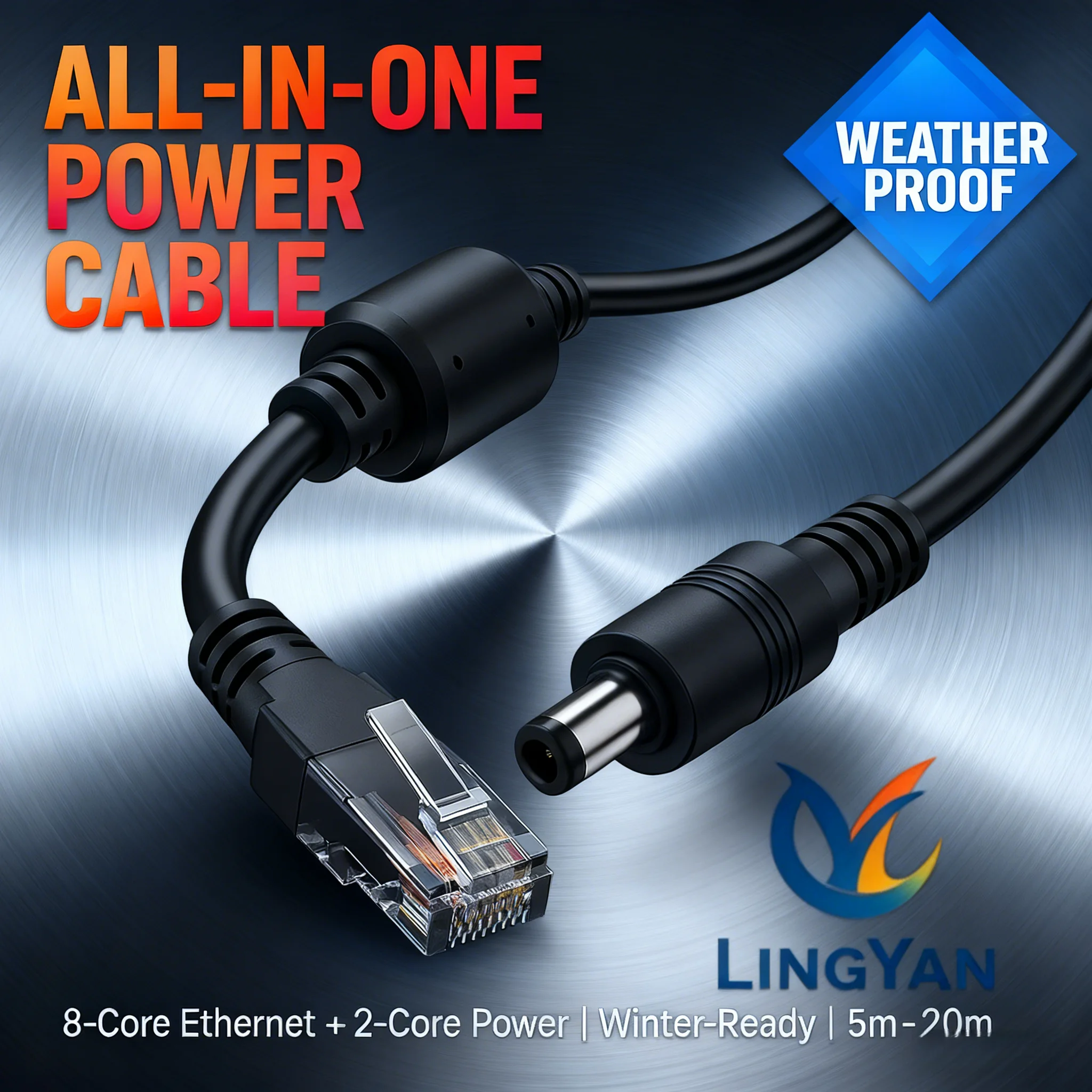 Winter CCTV Power/Ethernet Cable - DC5.5×2.1+RJ45, For Hikvision/Dahua/TP-Link, Flexible PVC 5–20m