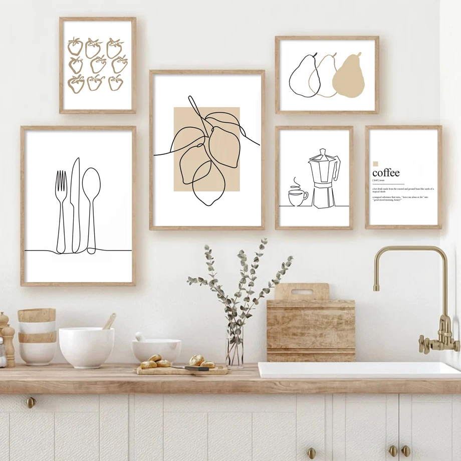 خطوط مجردة القهوة كأس للنبيذ الليمون قماش اللوحة الشمال الملصقات والمطبوعات صور فنية للجدران لغرفة المطبخ ديكور المنزل #3