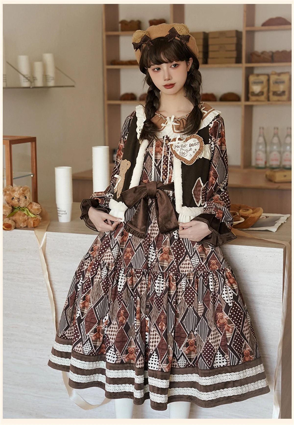 French Idyllic Cosplay Lolita Kawaii Girls Peter Pan Collar Op Grid Printing Bear Ribbon Bowknot Puff Sleeve Sweet Cute Dress