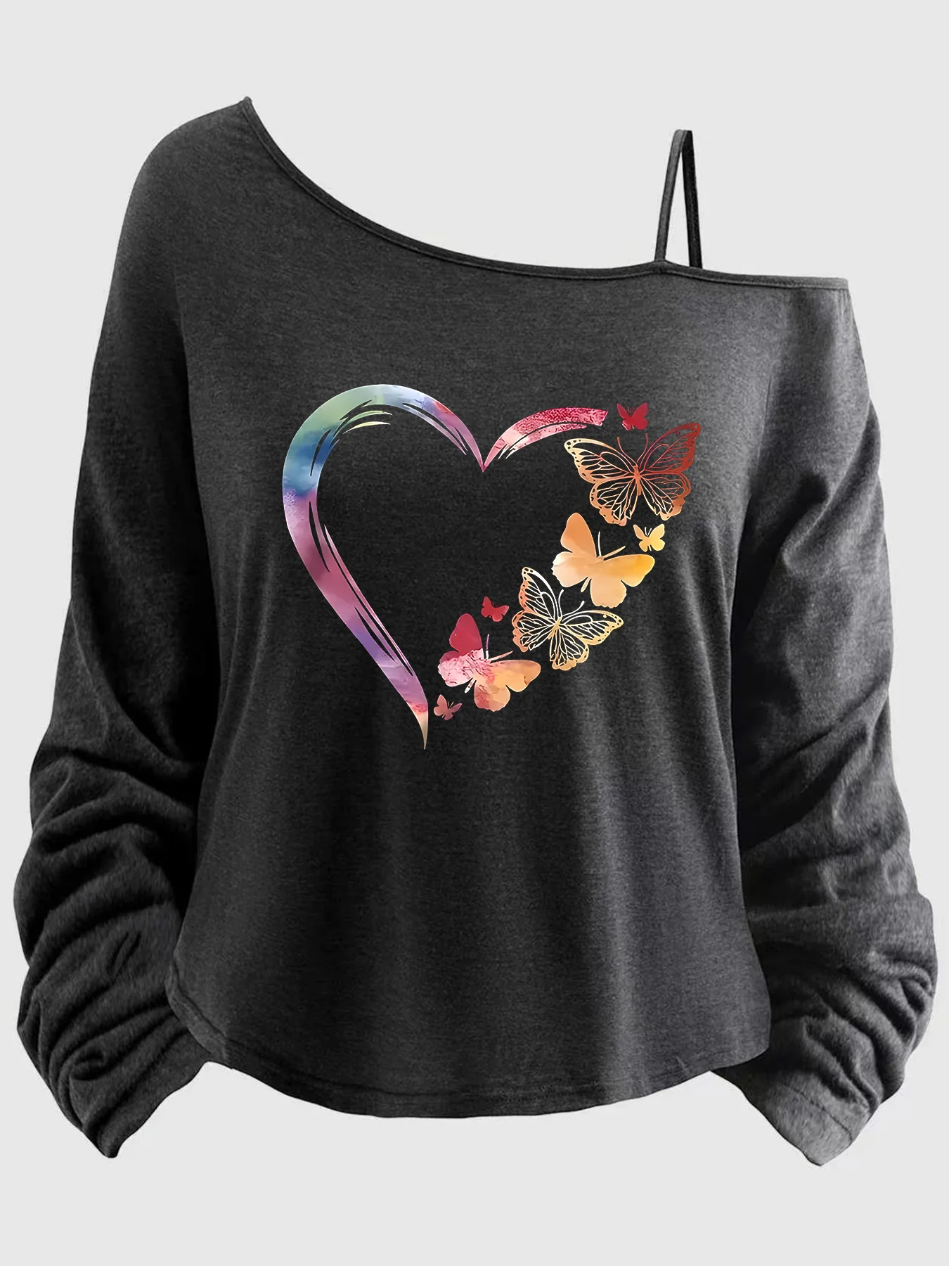 

Large-sized women’s top with printed sleeves, spaghetti straps, asymmetrical neckline, 1-8XL, letters (XT).