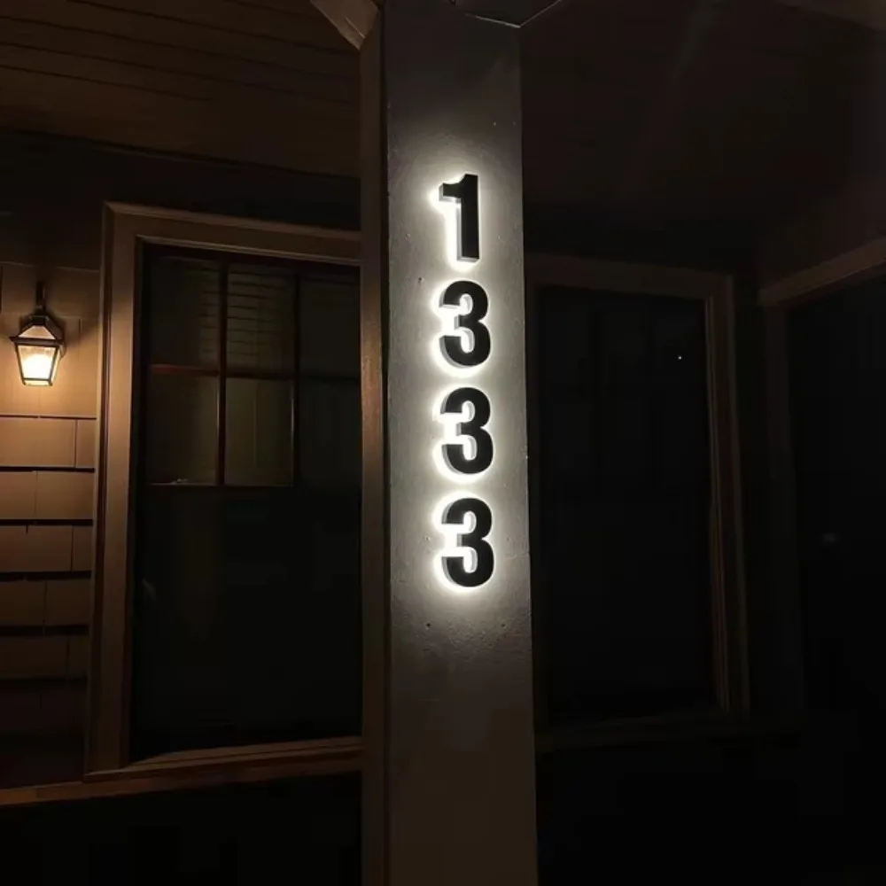 Metal 3D LED Exterior House Numbers Modern Home Door Plate Light Backlit Signs Outdoor Waterproof Number Plaque Free Transformer