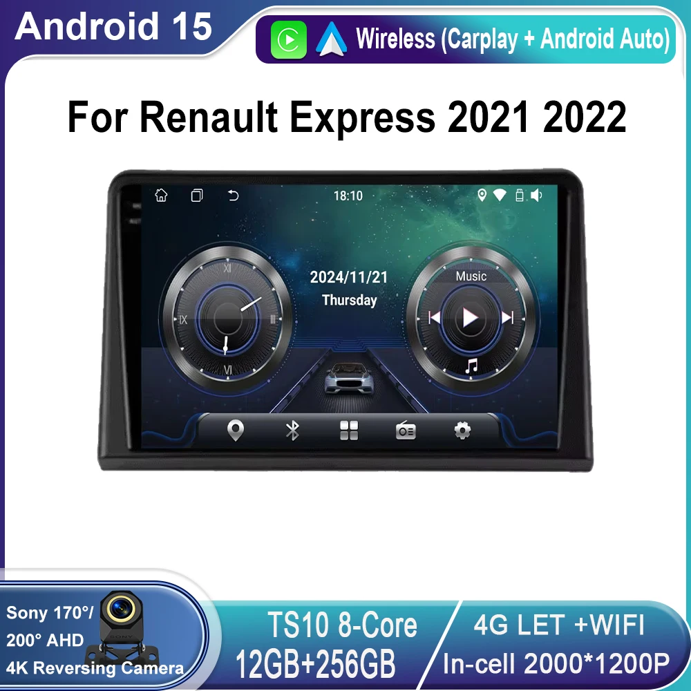 Android 15 Car Radio For Renault Express 2021 2022 Multimedia Player Stereo GPS WIFI+4G wireless Carplay Auto video 360 Camera