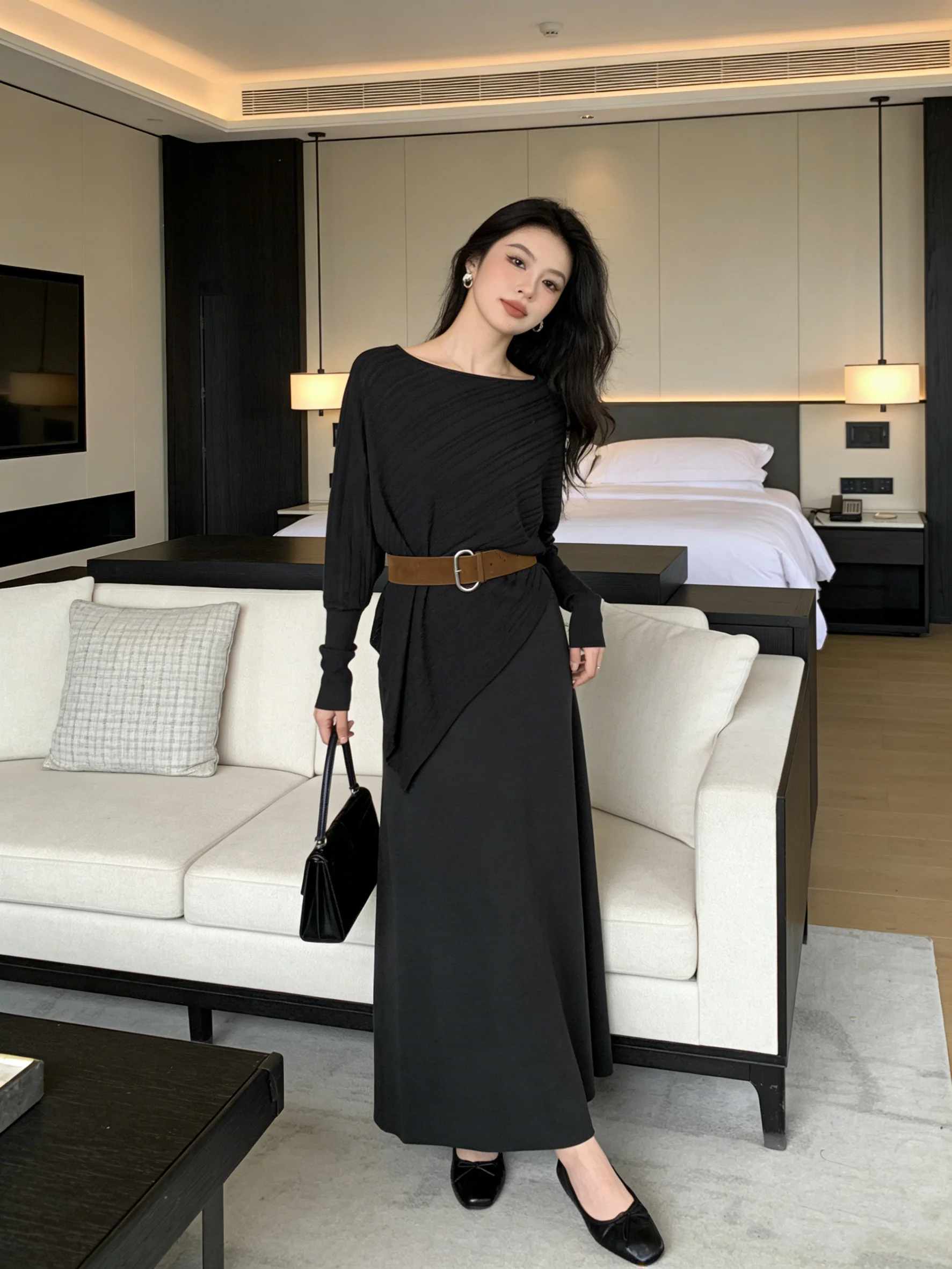 

Ele Knitted Two-Piece Set Slimming Waist Design Batwing Sve Skirt Gentle Sle Korean Faion Breathable Casual Wear