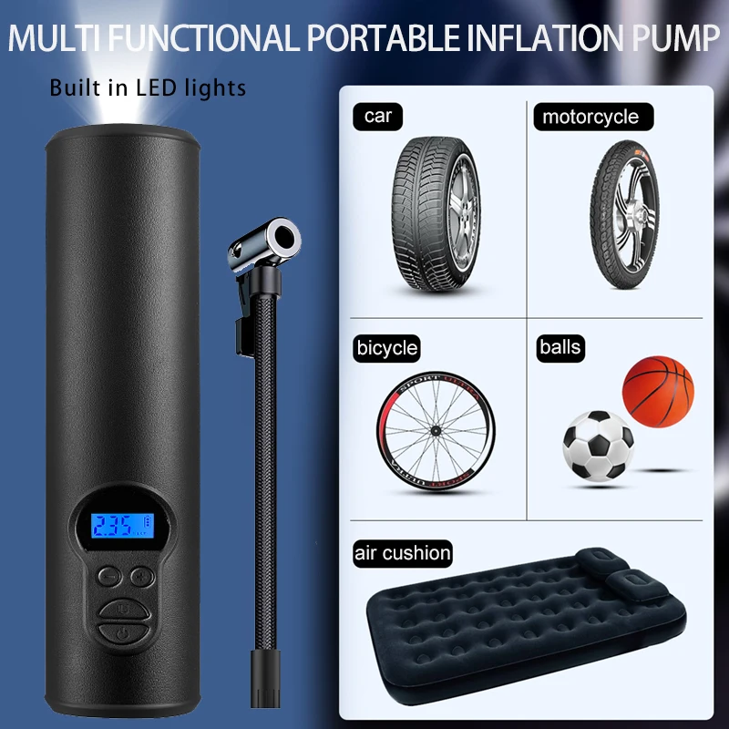 

Беспроводной электрический насос с USB-зарядкой, воздушный компрессор с цифровым экраном, со встроенной подсветкой, для мотоцикла, велосипеда, шин, мячей