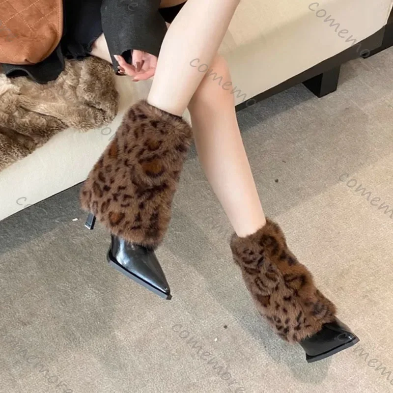 المرأة أحذية عالية الكعب مثير ليوبارد طباعة مصمم الفراء الشتاء الأحذية مزاجه وأشار عالية الكعب الجوارب القصيرة بوتاس موهير #6