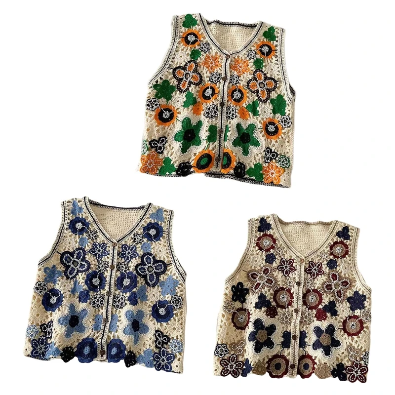 Women Hollow Crochet Knit Vest Waistcoat Beaded Floral Button Crop Cardigan Top