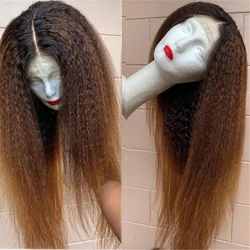 Yaki-peluca larga y rizada con malla frontal para mujer, pelo de bebé sintético predespuntado, sin pegamento, color marrón, 30 pulgadas