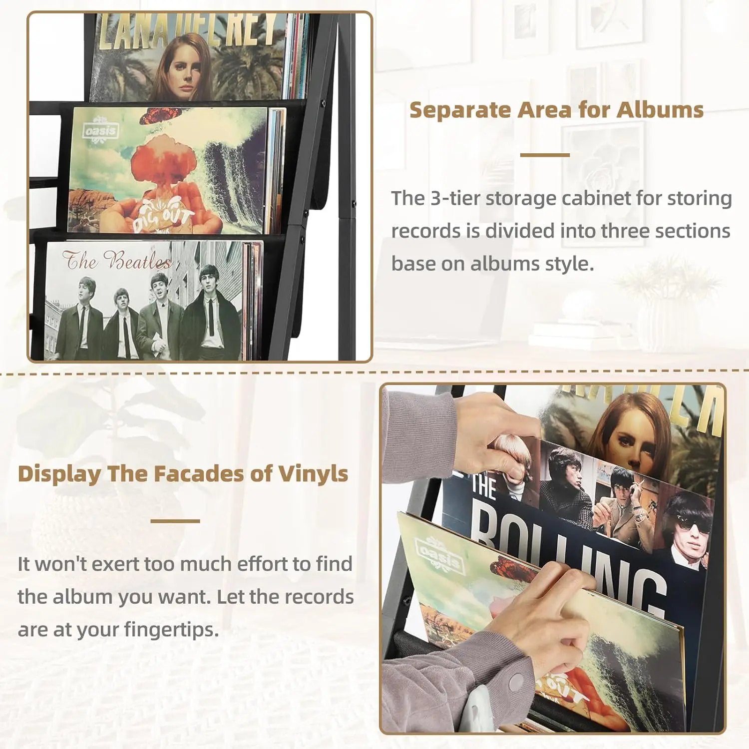 3-Tier Vinyl Record Player Stand with Storage for Albums, Turntable Table, End Table for Home Decor