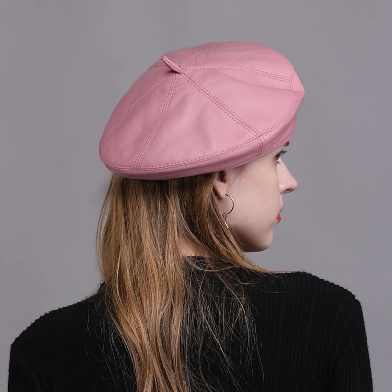 Fashion 2023 Women Spring/Winter British Genuine Leather Painter Hat Female Retro Korean Octagonal Bonnet Pink/Khaki Beret