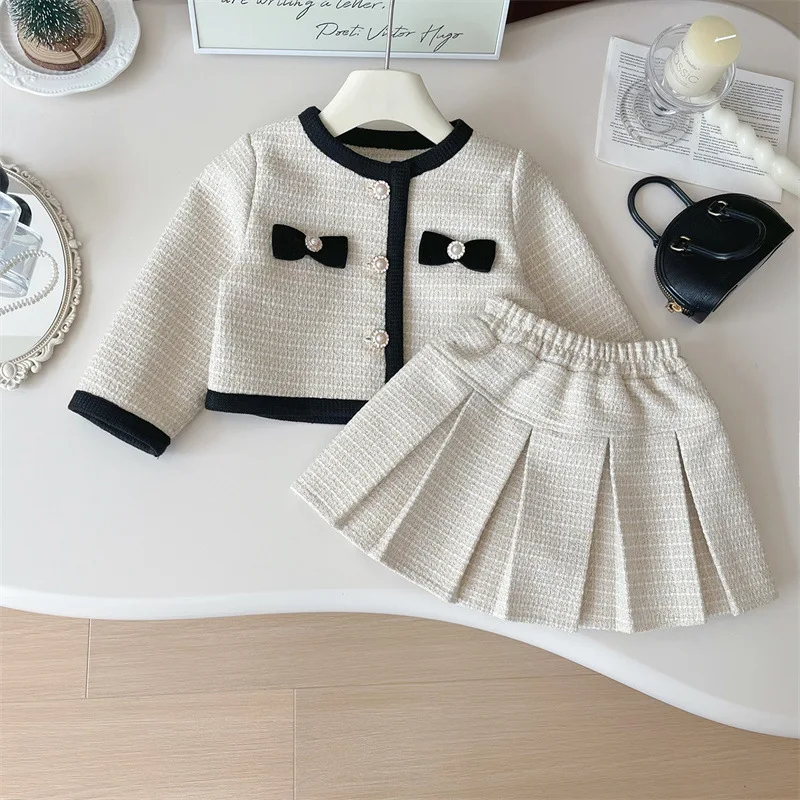 

2025 Autumn Children Girl 2PCS Clothes Set Cotton Bow Single Breasted Coat Suit Solid Versatile Fashionable Pleated Skirt Outfit
