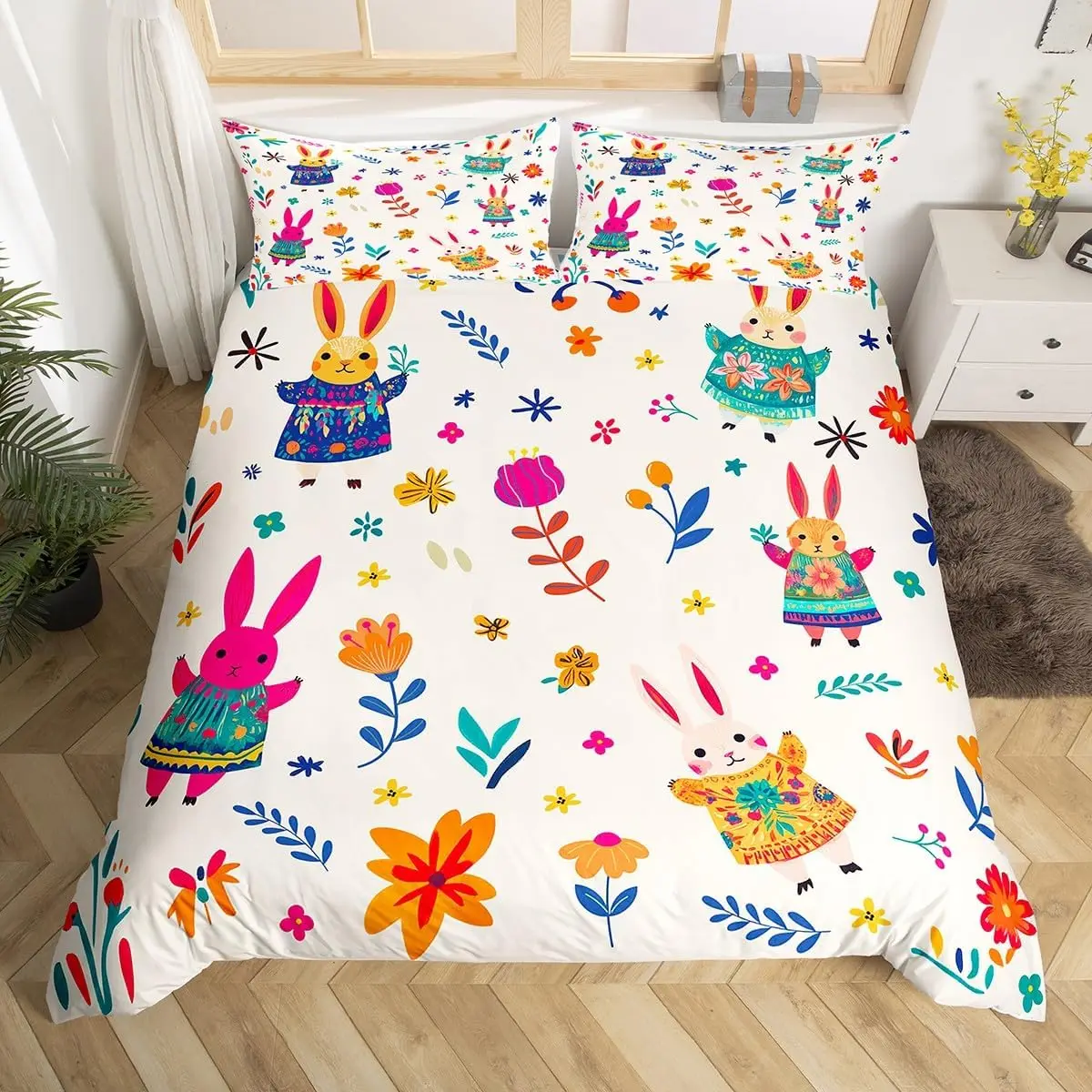 

Очаровательный пододеяльник с кроликами, размер Twin/King, набор постельного белья в стиле хиппи с цветочным принтом для спальни мальчиков и девочек, забавный пододеяльник с этническим животным принтом