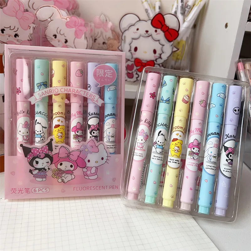 6Pcs Sanrio Highlighter Pen Set mymelody Kuromi Cinnamoroll Pom Pom Purin Pochacco Markers Stationery Mini Felt-tip Highlighters