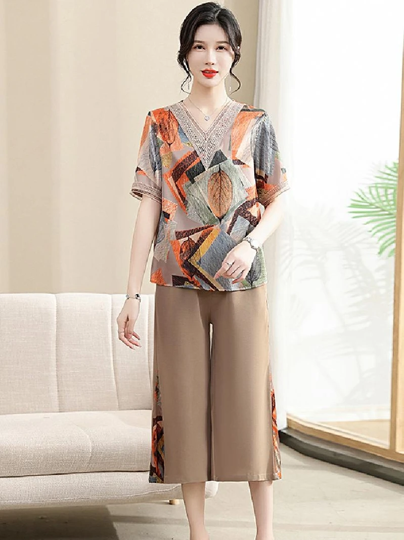 Estate New Sle Mommy Set in due pezzi Gonna midi e camicetta V-Ne Casual Loose Fit Regular Sve Lunghezza Modello vintage