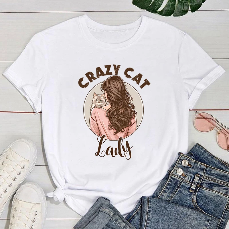 

Mother's Day T shirt Hot Crazy Cat Lady Print T-Shirt Summer Casual Loose T Shirt Women Harajuku Shirts