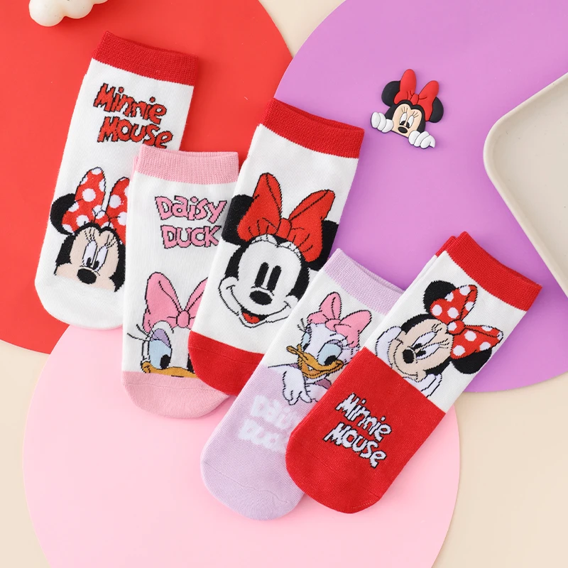 5 Pairs of Disney Sweet and Cute Minnie Mouse and Daisy Duck Cartoon Printed Cotton Medium Socks for Women Sweet Casual Socks view 5