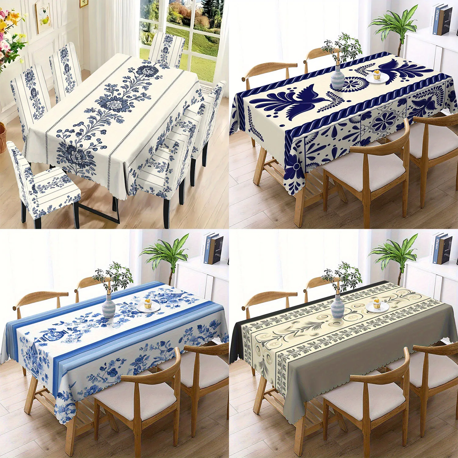 1 Stück Vintage-Tischdecke mit blauem und weißem Blumenmuster, Polyester-Tischdecke mit gewelltem Rand für Esszimmer, Küche und Heimdekoration