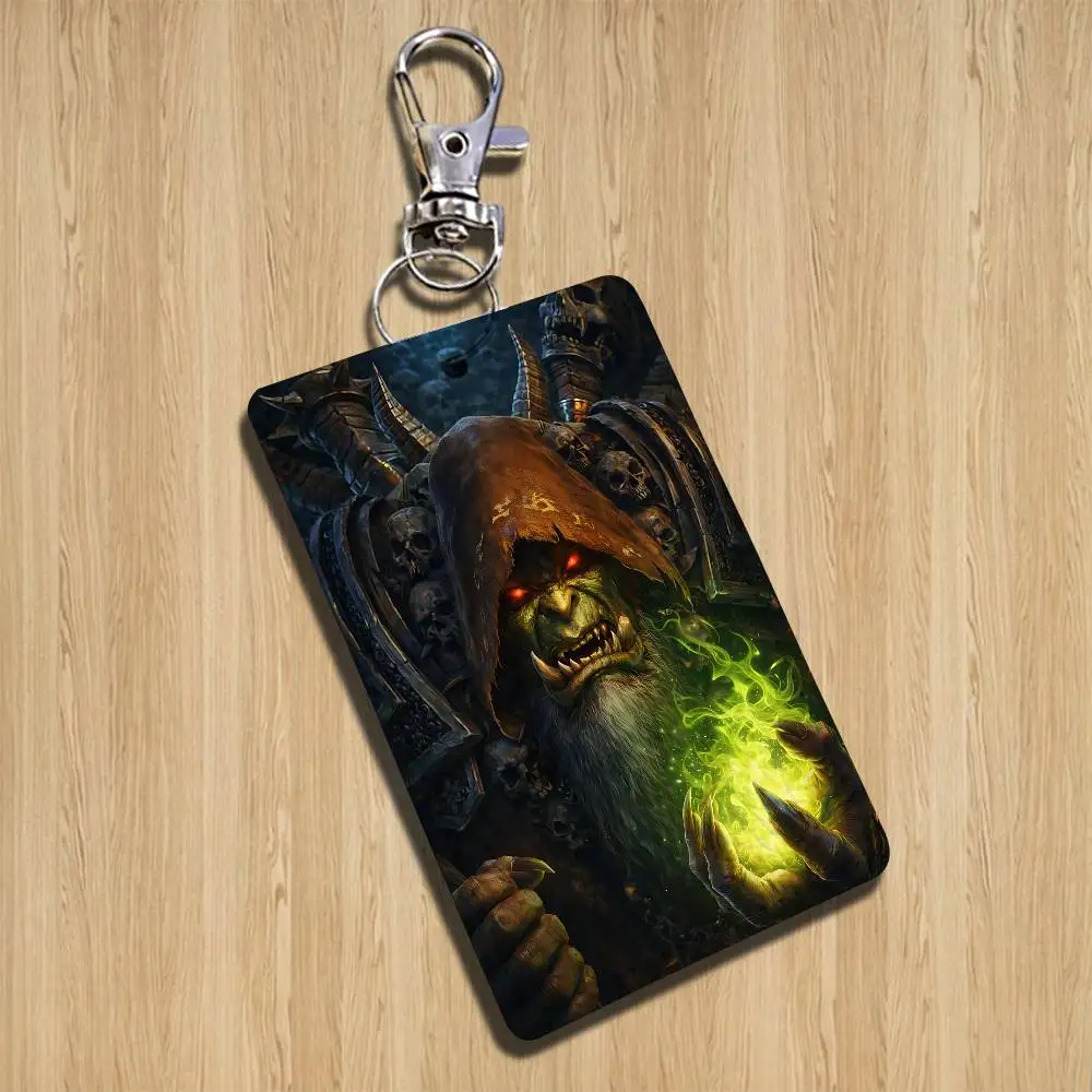 GAME W-World Of Warcraft-ES Rectangle ID Card Case Keychain Access Card Bag Key Tag Ring Leather Card Holder Key Ring Access