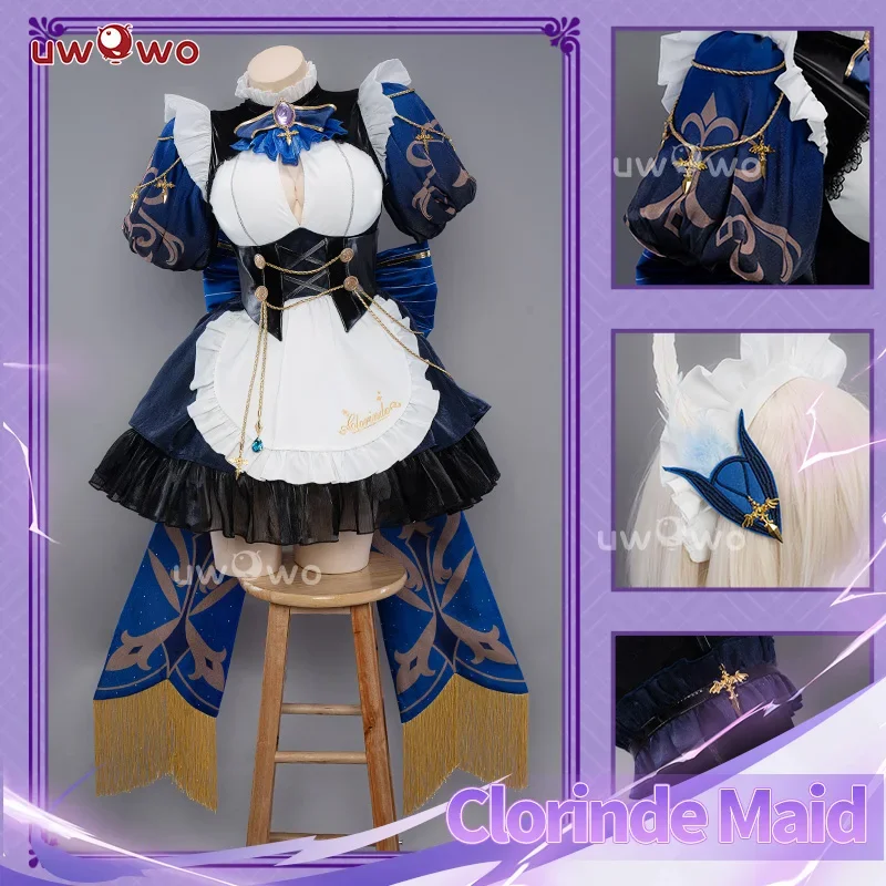 Disfraz de Clorinde Genshin impact fanart, traje de mucama con lazo, vestido de Halloween, exclusivo, disponible