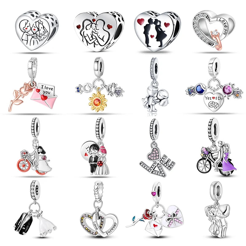 925 Sterling Silver Valentine's Day Romantic Couple Charm Beads Suitable for Pandora Original Bracelet DIY Fine Jewelry Gifts