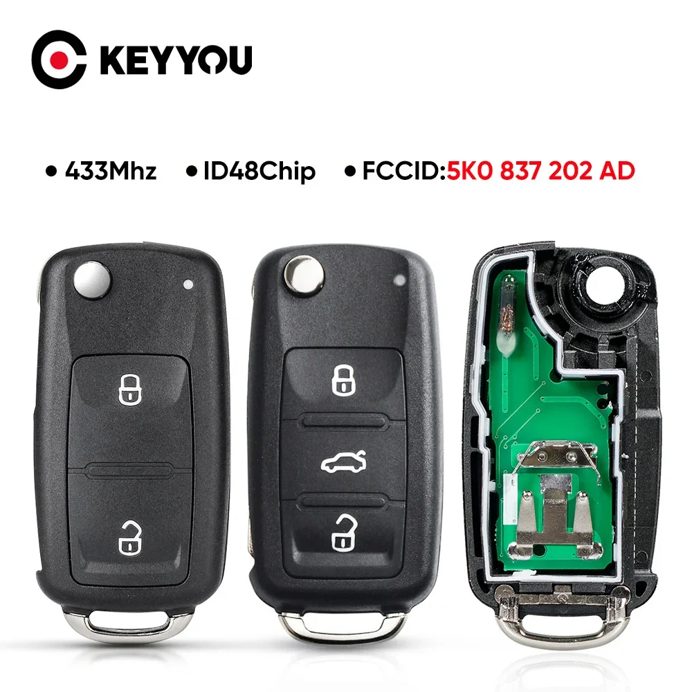 

KEYYOU 10X Remote Flip Key 434MHz ID48 Chip For VW Volkswagen GOLF PASSAT Tiguan Polo Jetta Beetle Skoda Seat Car 5K0837202AD