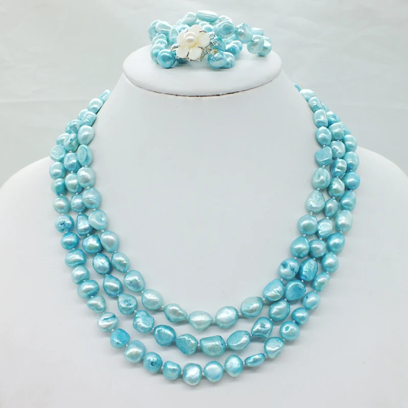 

Passionate bold and unrestrained 3 layers irregular freshwater Baroque Pearl necklace Bracelet party Jewelry Set