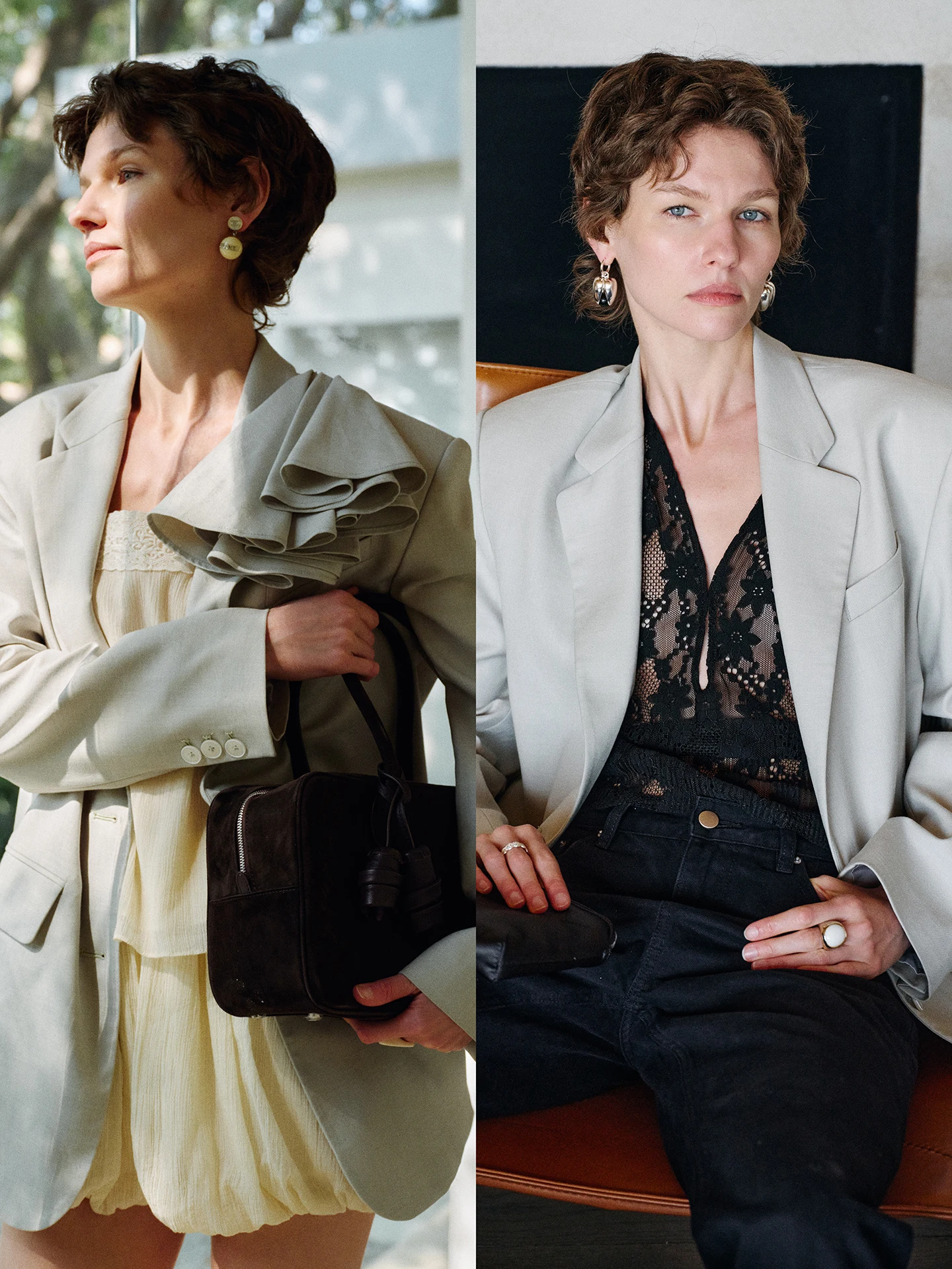 

TOP Home Faion Retro Detachable Pin 3D Flower Two-Way Wear Suit Jaet Women's Straight Cut Breathable Polyester Fiber