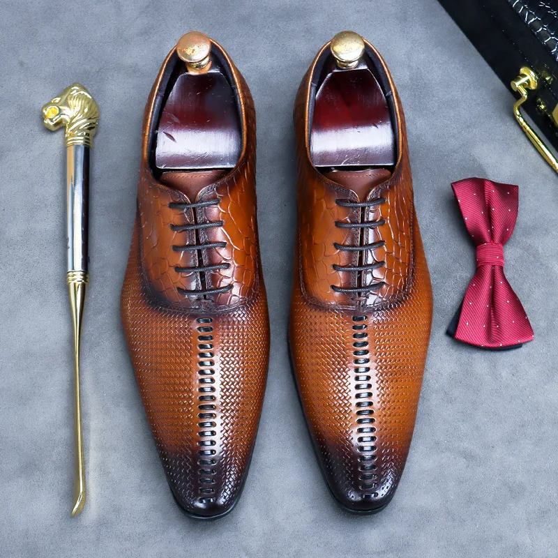 2023 Summer Mens Wedding Shoes Brown Lace Up Luxury Genuine Leather Brand Handmade Fashion British Trend Style Man Dress Shoes