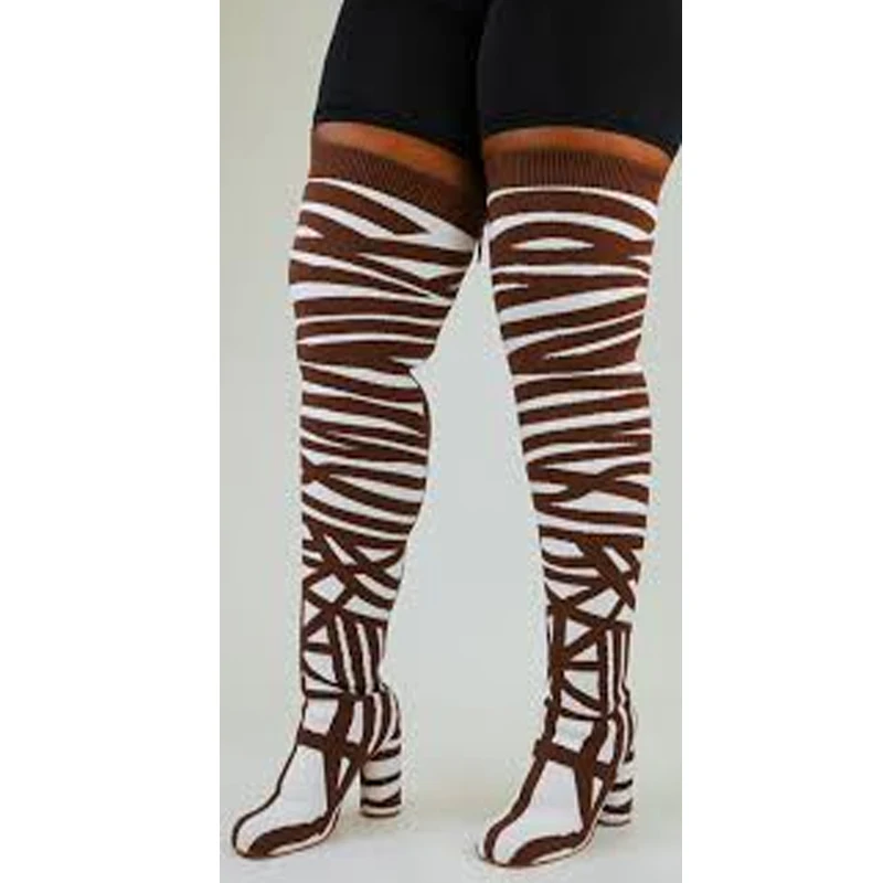 

Striped Knit Round Heel Elastic Over The Knee Boots Woman Winter 2026 Print Round Toe Chunky Heel Boots Fashion High Heel Shoes
