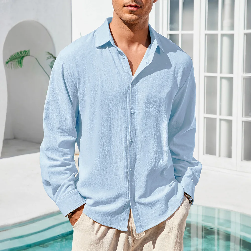 Kemeja Kasual Pria Katun Linen Warna Solid Bernapas Ringan Hawaii Lengan Panjang Kerah Lapel Atasan Nyaman Pakaian Pria