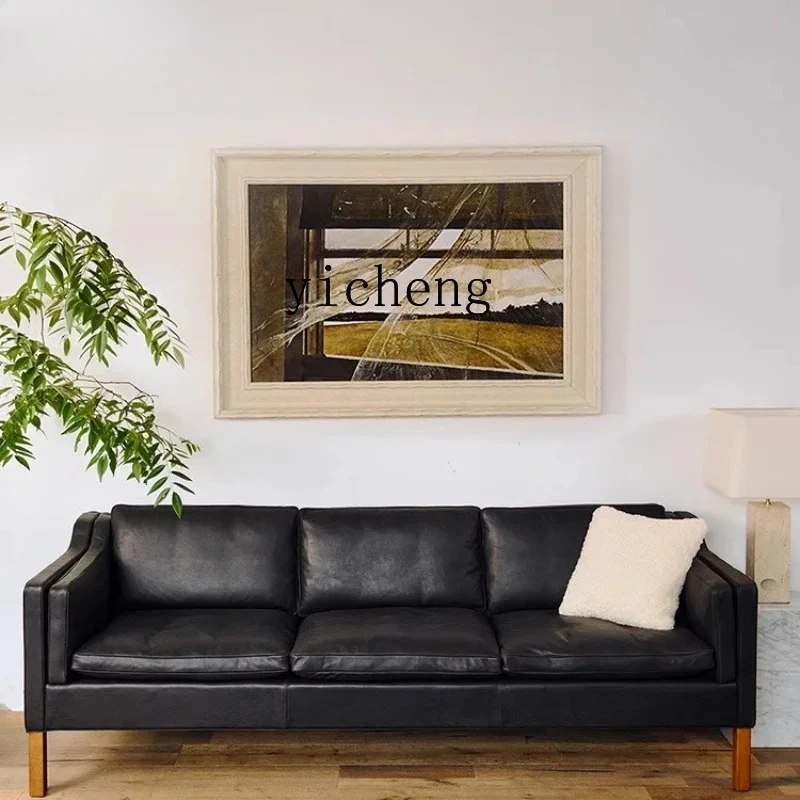 PYH Retro Simple Light Luxury Premium Sofa Minimalist Cowhide Straight Row Three-Seater Linen Fabric