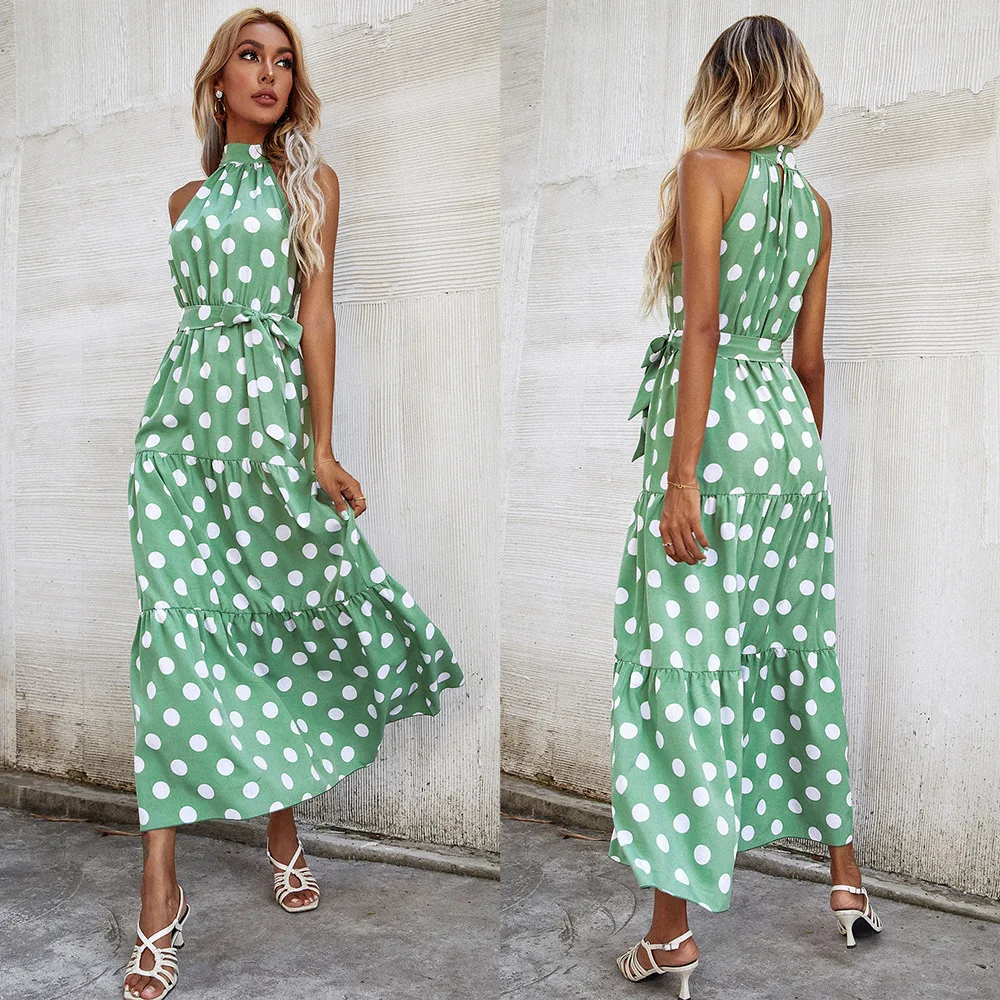 

Bohemian Women Summer A-Line Dress Hollow Out Design Bandage Decor O-Neck Sleeveless High Waist Polka Print Long Dress NiceGreen