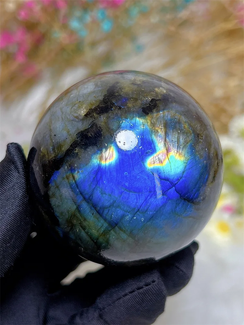 Natura Crystal Blue Labradorite SPhere With Rain Bow Free Form  Carving Reiki Healing Stone Home Decoration Exquisite Gift