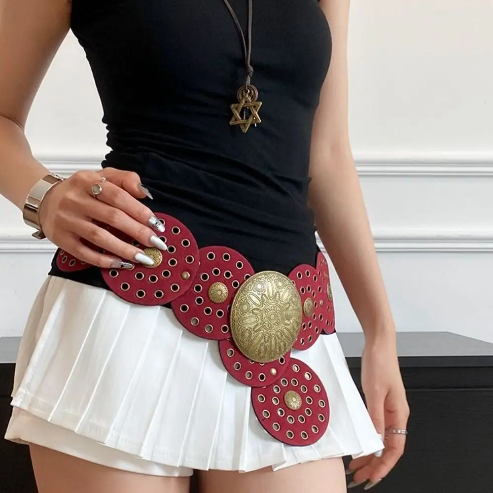 

Vintage Metal Round Buckle Belts Y2K Wide Hollow Out Belts Baroque Style Jeans Decor Cowboy Waistband Men