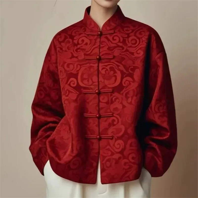

Autumn New Chinese Style Loose Womens Jacket Buddhist Retro Buckle Women Coat High End Red Printed Tops Versatile
