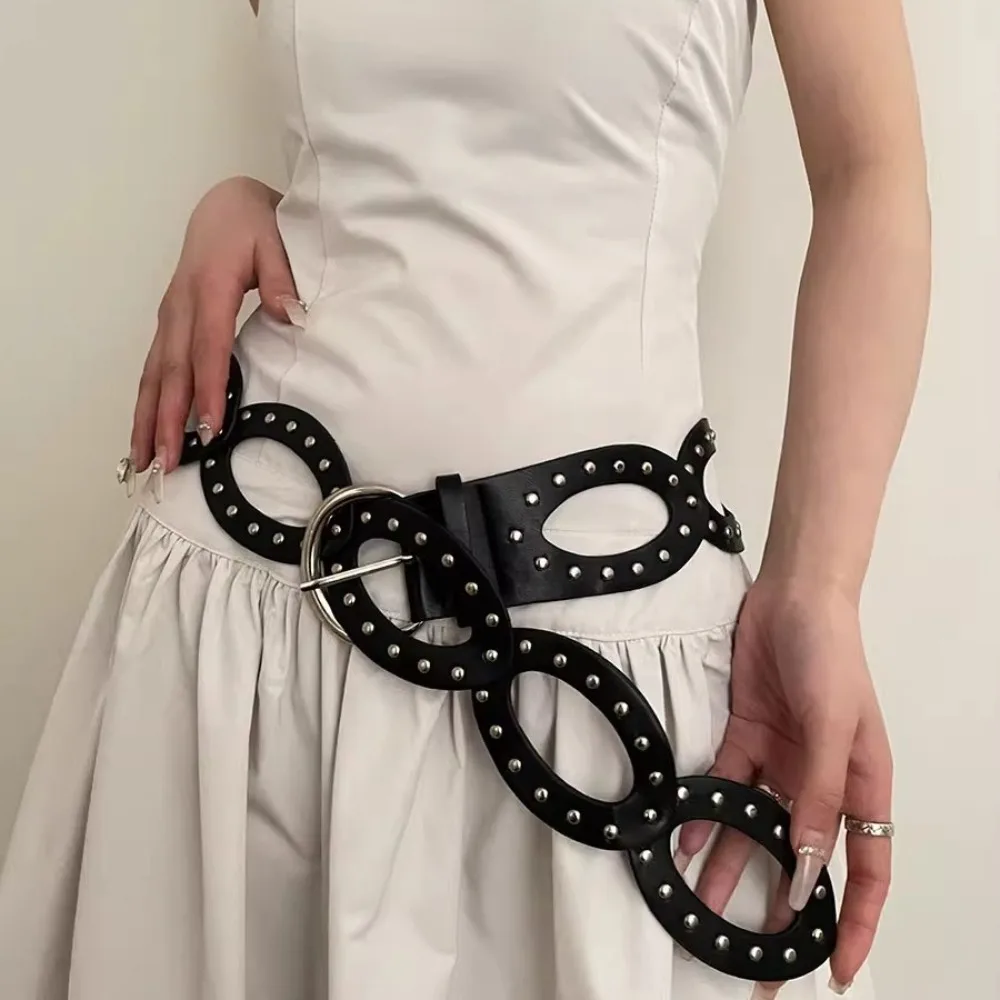 Cinturón de vaquera ajustable con geometría elíptica, cinturones de cuero PU calados, hebilla de Metal que combina con todo, cinturón con remaches para uso diario