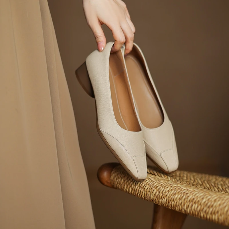NEW Spring/Autumn Women Pumps Genuine Leather Shoes for Women Square Toe Chunky Heel Shoes Concise Shallow Slip-on Daily Shoes