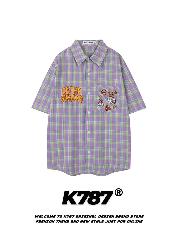 

K787 American Retro Plaid Dog Embroidery ort Sve Loose Fit Men's irt Summer Breathable Cotton Casual Sle Button down