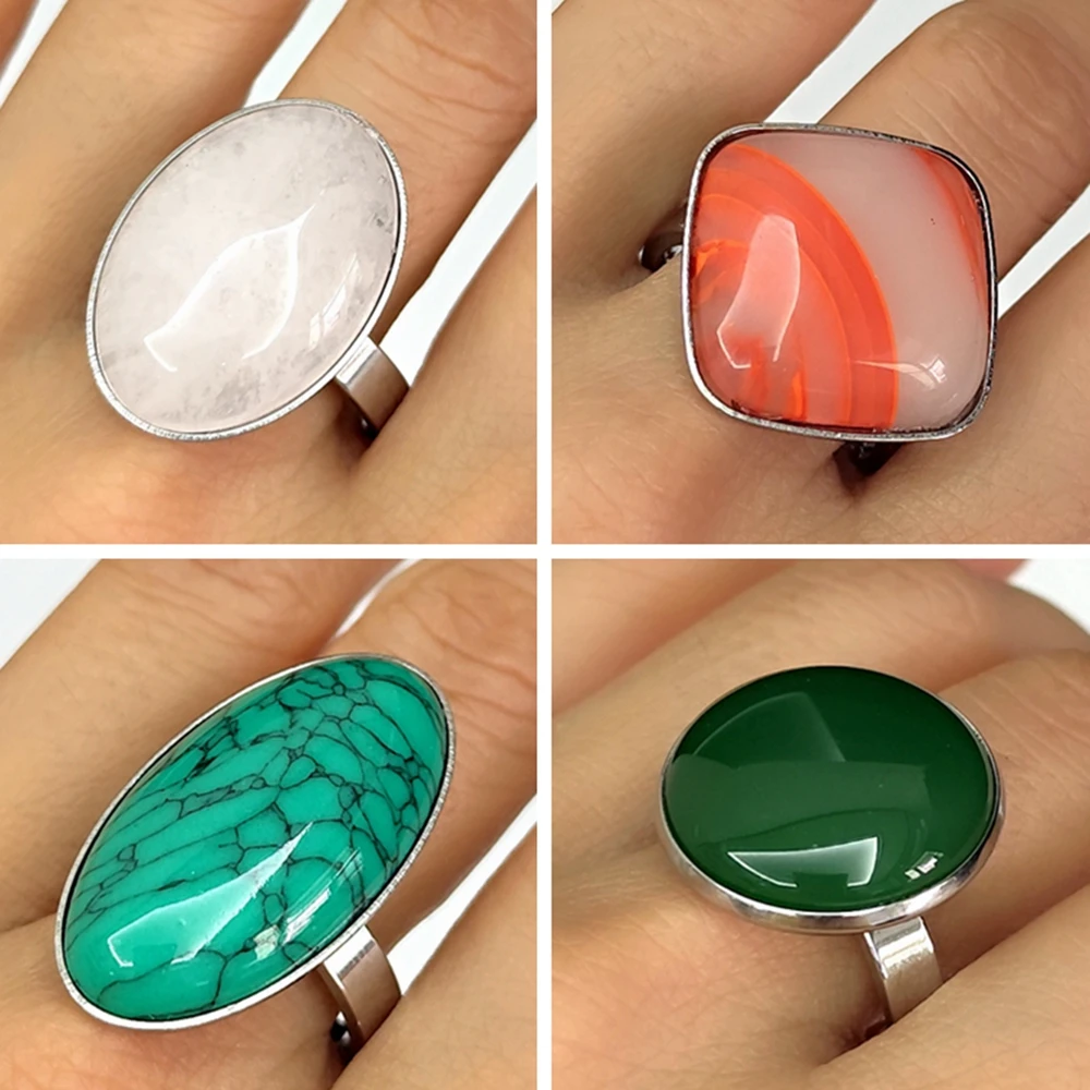 20 Stück/Los Großhandel Gemischte 316L Edelstahl Ringe mit Großen Natursteinen, Ovale und Quadratische Opal-Cabochon-Ringe, Party-Schmuck – Detail 1