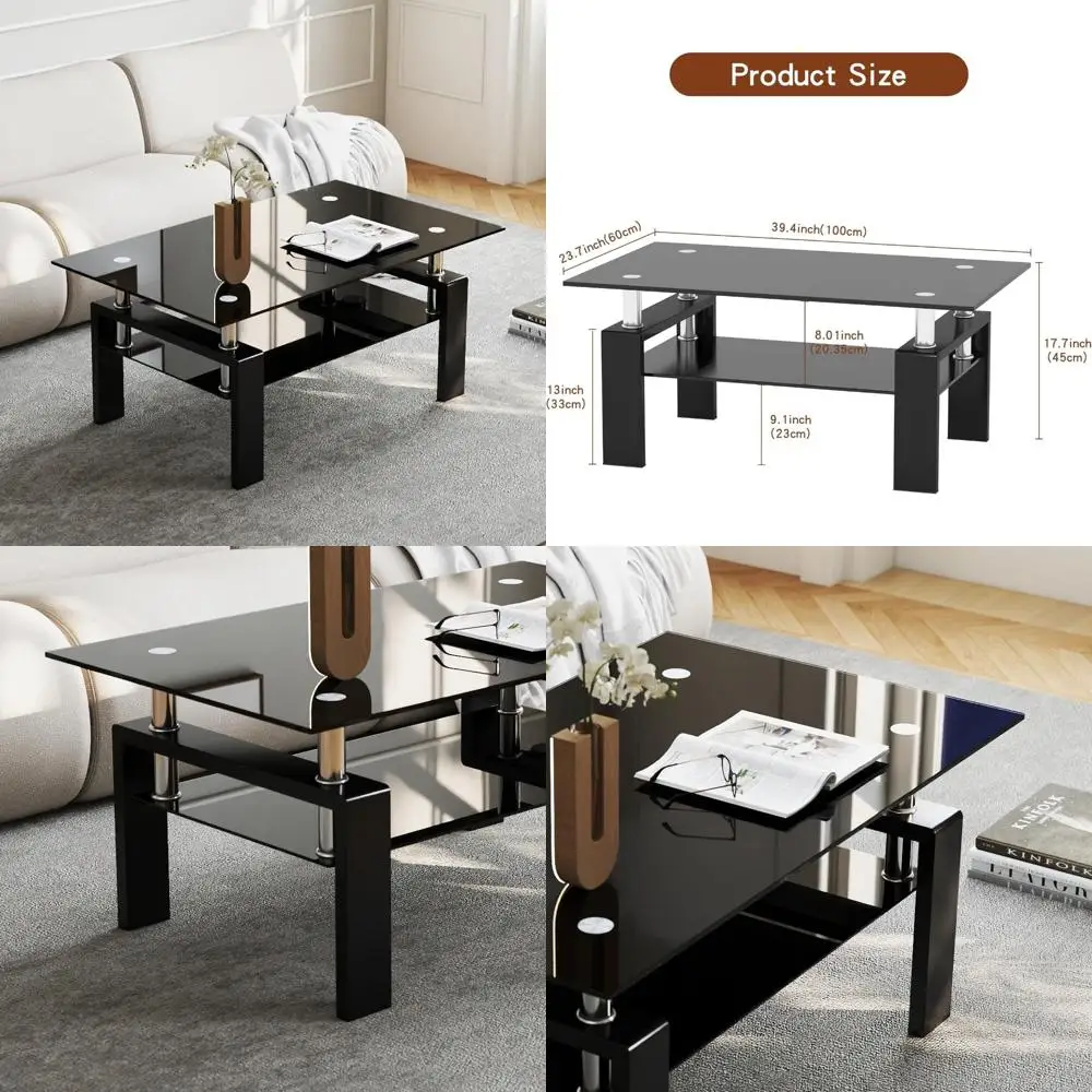 

Modern Tempered Glass Coffee Table with Storage, Black Metal Legs, Suitable for Living Room and Bedroom