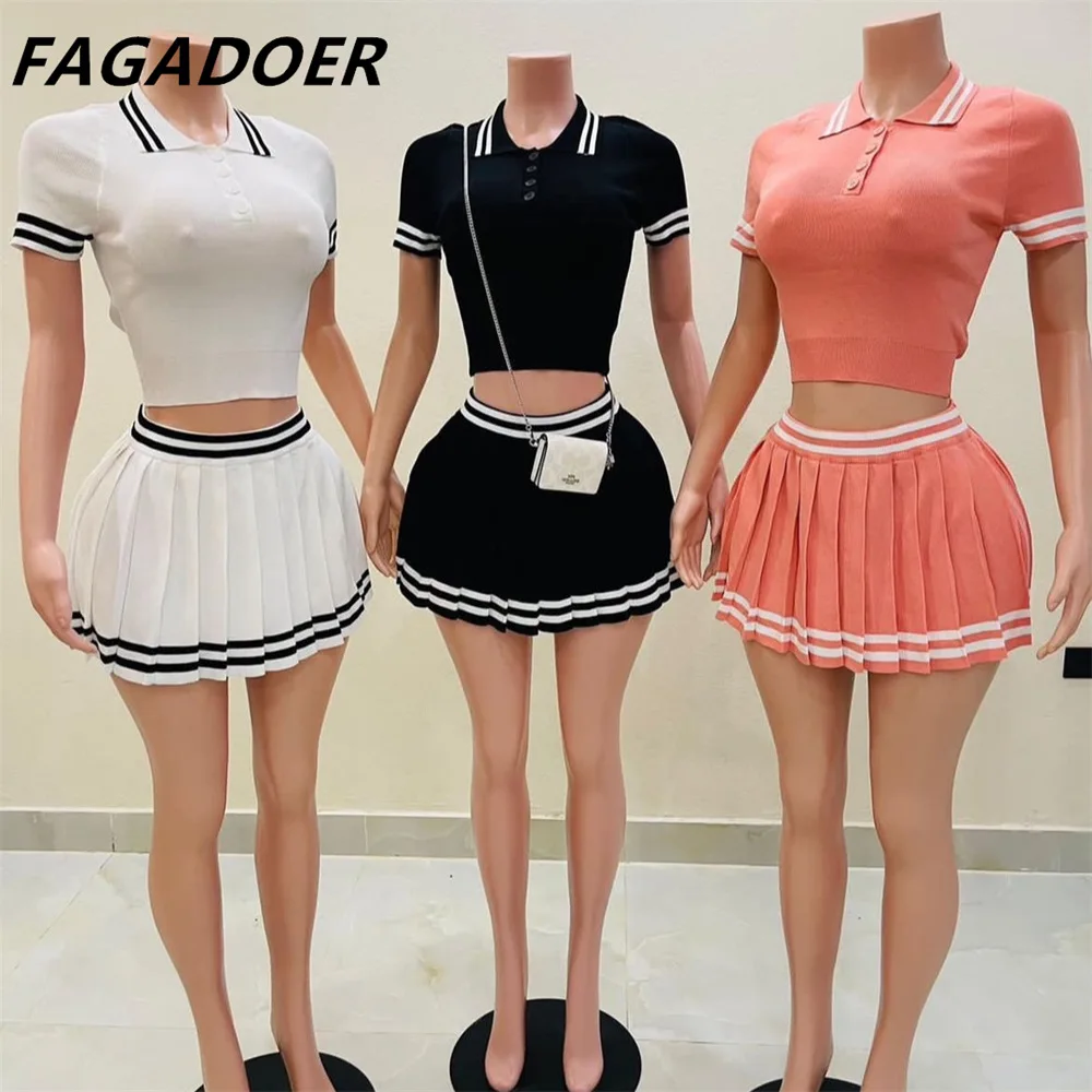 FAGADOER Fashion Academic Style Stripe Splicing Pleated Mini Skirts Two Piece Sets Women V Neck Short Sleeve Top+Skirts Outfits