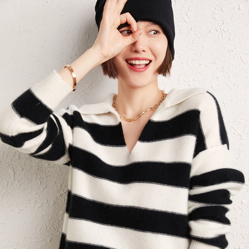 

Women 100% Cashmere Pullover Sweater Autumn Winter Lapel Striped Clashing Color Intellectual Elegant Slim Kint Long Sleeve Tops